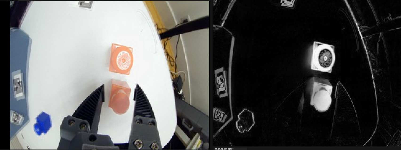 Left: the re-placement overlay — a 50/50 blend of the live wrist camera against the captured reference frame; the block appears ghosted in two places because it is not yet aligned. Right: the misalignment view (per-pixel difference), which glows at the two block positions and goes dark as the operator slides the block onto its reference spot. The gripper fingers cancel out of the difference because the arm is at the identical captured pose.